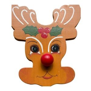 Vintage Handmade Wooden Reindeer Christmas Wall Hanging Rudolph Folk Art Sign